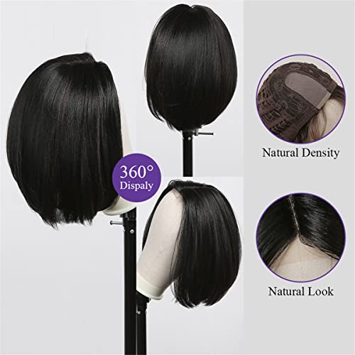 Blunt Cut Bob Wigs With Bangs Short Bob Wigs For Black Women Black Mixed Burgundy Middle Part Straight Hairline Lace Wigs Highlight Hair Replacement Heat Resistant Synthetic Wig For Daily Use #TOP4