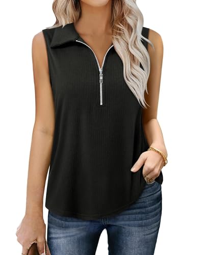 Vivilli Womens Ribbed Tank Top Zipper V Neck Dressy Casual Blouses Sleeveless Camisole Tops Work Tank Polo Shirts3