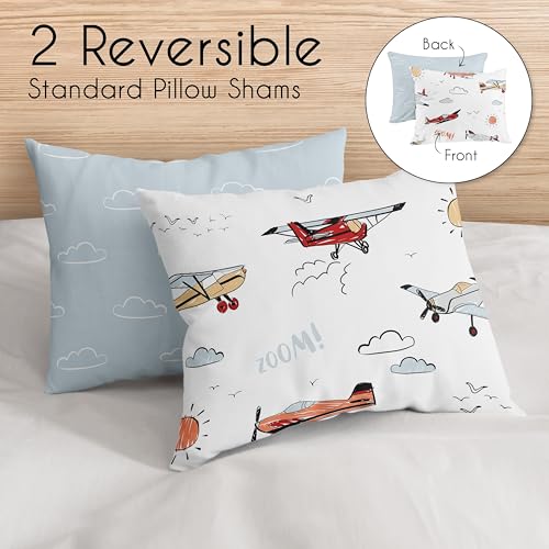 Image of Sweet Jojo Designs Vintage Airplane Boy Full Queen Bedding Set Kids Comforter Childrens Size - 3 Pieces - Grey Yellow Orange Red White Blue Airplanes Air Plane Transportation Clouds Sun Sky Aviator
