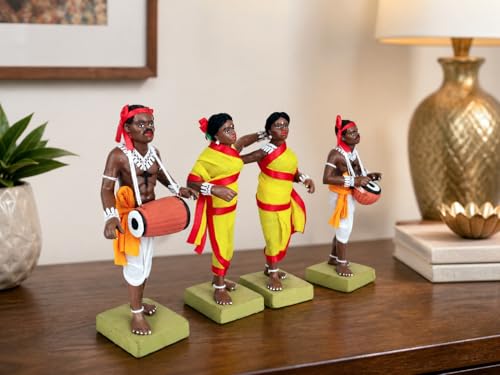 Image of Krishnanagar Handmade Clay Tribal Dance Group Idol | Terracotta Folk Human Figurines | Traditional Home Decor & Gift Showpiece | Set of 4