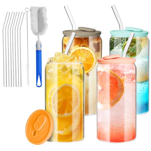 HAOYULUO 4et Glas mit Deckel und Strohhalm, 500 ml Trinkgläser mit deckel, Farbige Silikondeckel,Dosenförmige Glasbecher, Geeignet für Eiskaffeetassen, Limonaden, Smoothies, Bier, Cocktails
