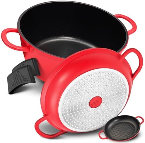 TLESS® 2in1 Aluguss Bräter mit Deckel backofengeeignet | Schmorpfanne & Schmortopf oder als Bratentopf für Induktion | sehr leicht & widerstandsfähig | Ø 28 cm 6 Liter rot