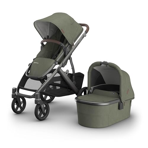 UPPAbaby Vista V3 Stroller + Bassinet V3 - Convertible Single-to-Double Stroller System- Bassinet, Toddler Seat, Bug Shield, Rain Shield Included - Evelyn (Meadow Green/Graphite Frame/Chestnut)