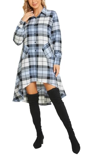olrain Damen-Hemdkleid, kariert, V-Ausschnitt, langärmlig, unregelmäßiger Saum, Freizeitkleid, Hell, blau, Groß