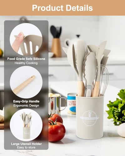 12 Piezas Utensilios Cocina de Silicona, Resistente al Calor Antiadherente, Juego de Utensilios de Cocina de Silicona,Apto para lavavajillas,Accesorios cocina,Juego de cubiertos con cubo(Caqui) - imagen 5