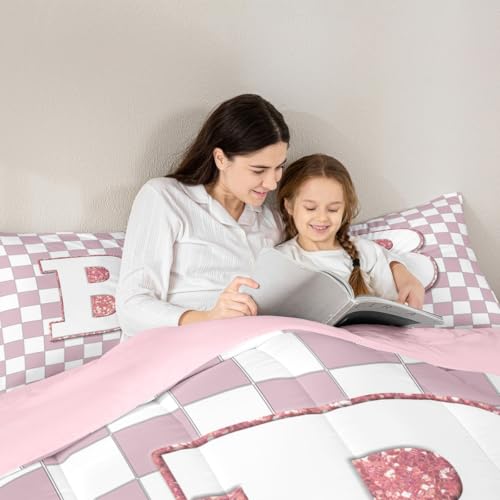 Image of Erosebridal Pink Initial B Comforter Set Full Kawaii Plaid Checkered Bedding Set Cute Personalized Monogram Comforter for Kids Girls Teen Women,Fashion Grids Gingham Quilt Duvet
