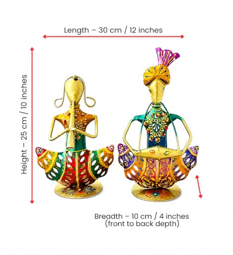 Image of Rajasthani Couple Musician Figurines Set of 2 Handcrafted Traditional Indian Art Showpiece | Decorative Table Decor for Home, Living Room, Office & Shelf Styling