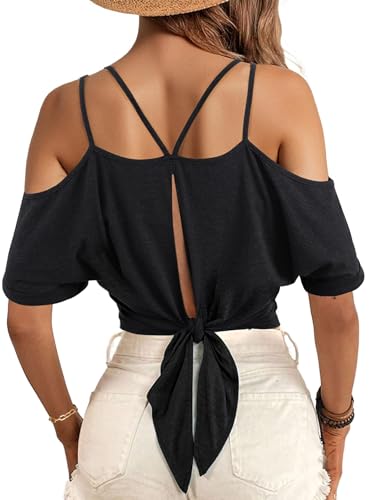 LilyCoco Womens V Neck T Shirts Sexy Cropped Cold Shoulder Tops Open Back Top2