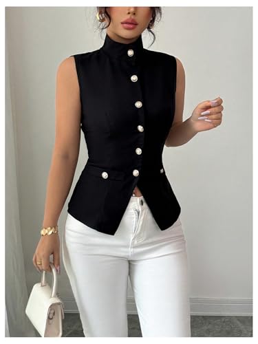 GORGLITTER Women's Button Up Vest Shirt High Neck Sleeveless Waistcoat Dressy Going Out Tops4