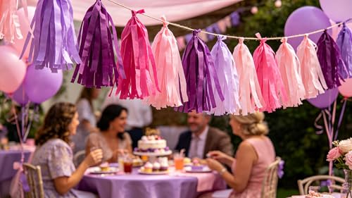 Image of Pink Purple and Rose red Tissue Paper Tassels Tassel Garland Banner for Birthday Party Decorations,Pack of 20