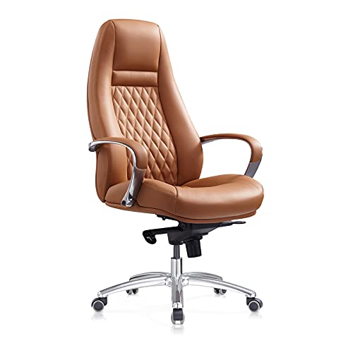 Genuine Leather Office Chair With High Back Aluminum Swivel Base Ergonomic Synchro-Tilt Reclining Mechanism Real Leather Executive Chair-Brown #TOP1