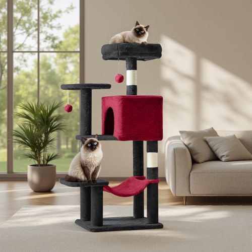 Image of Sweetcrispy 44 Inch Cat Tree Tower, Cat Climbing Tower with Natural Sisal Scratching Posts, Hammock, Pet Condo for Indoor Cats and Kittens Play, Black and Red