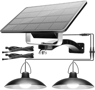 Solar Pendant Lights Dual Head - JACKYLED Solar Shed Lights Indoor Outdoor IP65 Waterproof LED Hanging Shed Lighting for Chicken Coop Storage Barn Garage Balcony Carport, Cool White