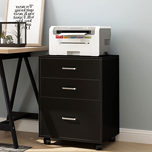 DlandHome - Cajonera de escritorio móvil con 3 cajones, almacenamiento de carpetas de ruleta, archivador y armario con cerradura para casa, oficina, madera, color negro - imagen 4