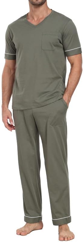 CF Mens Pajamas Set Cotton Sleepwear Soft Short Sleeve Pjs Comfy 2 Piece Nightwear V-Neck Long Pants Loungewear with Pockets