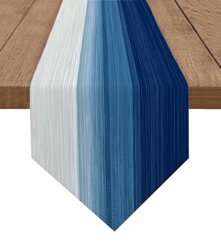 Abstract Cotton Linen Table Runner White Navy Blue...