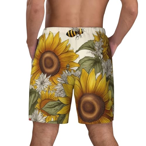 Men's Swim Trunks Quick Dry Board Shorts Bees Sunflowers Daisy Rose Flowers Beach Shorts with Pocket Bathing Suits for Men3