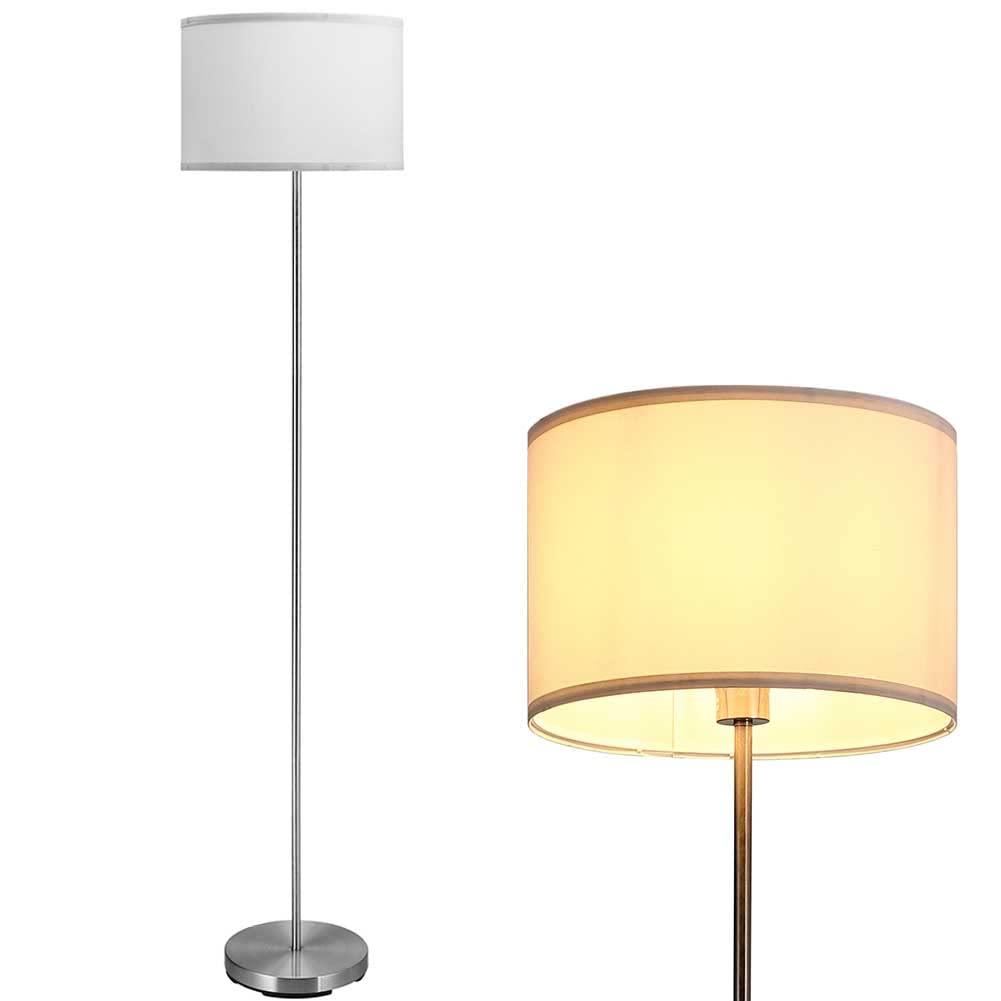 BAKAJI Lampada Piantana da Terra Luce Lampadina E27 Max 60W Base Rotonda in Metallo Cromato Paralume in Tessuto Design Moderno Accensione a Pedale Altezza 160cm (Bianco)
