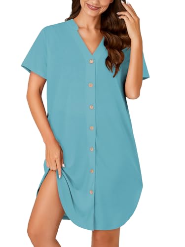 Vrtige Women's Cotton Striped Nightshirt Notch V Neck Short Sleeve Button Down Nightdress Nightgown