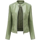 LOXO CASE Damen Lederjacke Kunstleder Bikerjacke mit Reißverschluss für Frühling Herbst Übergangsjacke - Vintage Casual Style Lederjacke, JK03,Green,5XL