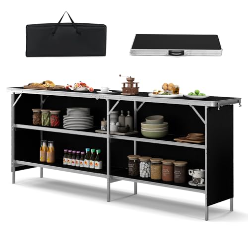 KOMFOTTEU Cuisine de camping avec 3 niveaux d'espace de rangement, armoire de camping pliable avec sac de transport, table de pique-nique pliable en aluminium,...