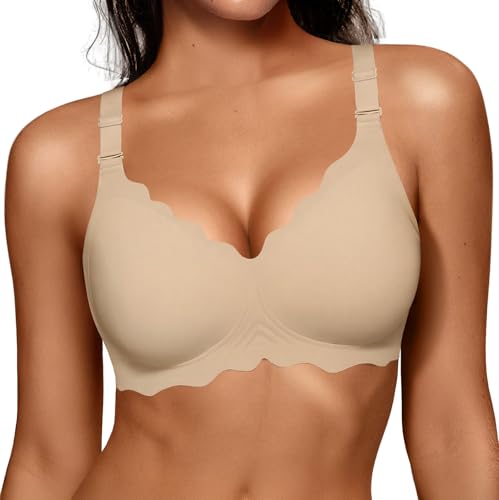 OEAK Women Jelly Bras No Underwire Scalloped Push Up Buttery Soft Tshirt Bra Seamless Full Coverage Convertible Everyday Bra Semolina,XL