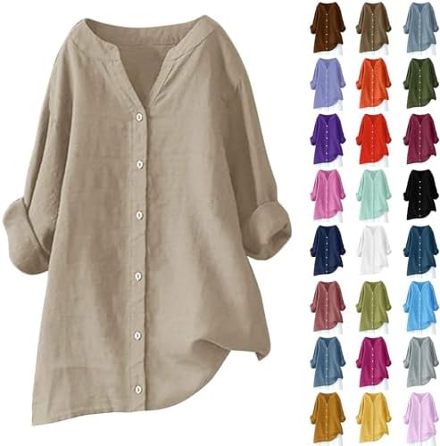 Linen Button Down Shirt Women Long Sleeve V Neck Casual Dressy Blouse Loose Fit Summer Gauze Vacation Beach Tops