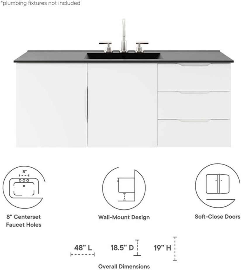 Diagram illustrating key features of the Modway Vitality vanity: 8 inch centerset faucet holes, wall-mount design, soft-close doors, and overall dimensions.