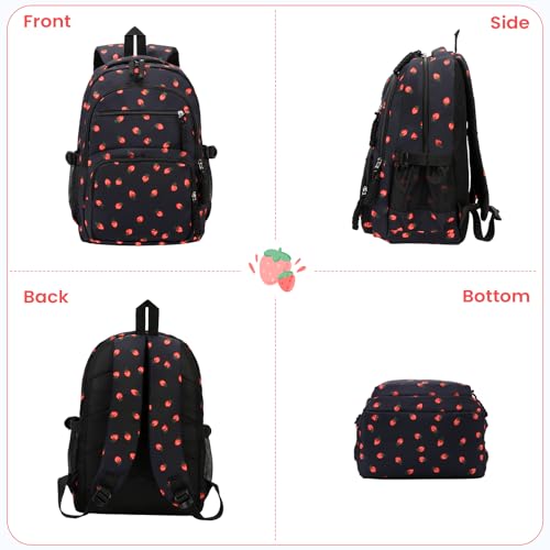 Image of Coquette Strawberry Backpack - Cute Kawaii Backpack Set Aesthetic Daypack Cute Rucksack (B02 Strawberry Black)
