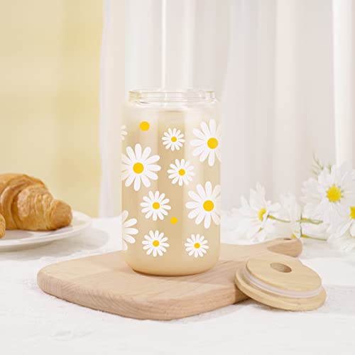 Coolife Daisy Floral Iced Coffee Cup - 16 Oz Can Shaped Drinking Glass Cup W/Bamboo Lid Straw - Flower Glass Can, Aesthetic Glass Tumbler For Coffee, Smoothie, Beer - Birthday Cute Gifts For Women #TOP4