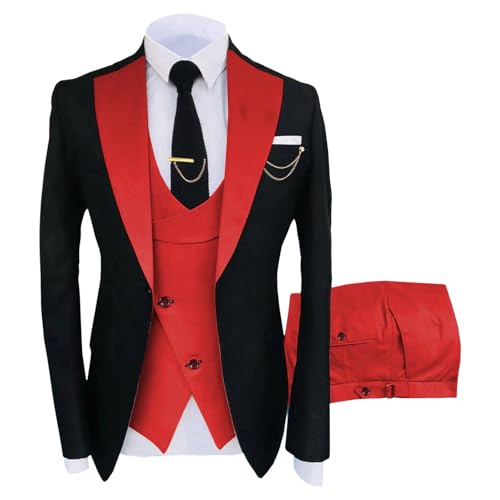 Herren-Anzug, 3-teilig, Slim Fit, Blazer, Weste, Hose, Hochzeitsanzug, Business-Abendanzug, Rot, Größe L