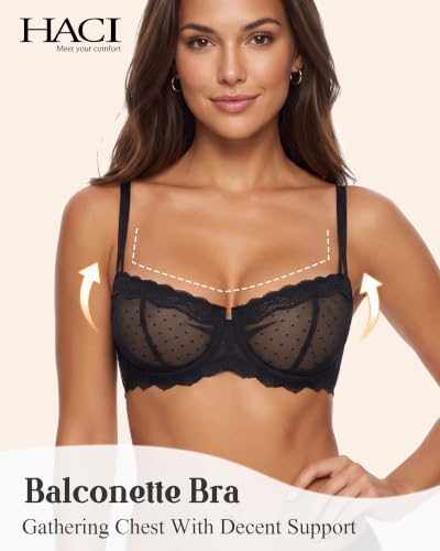 Image of HACI Women's Lace Mesh Balconette Bra Sheer Demi Scoop Neck Sexy Unlined | Underwire, see through, adjustable strap