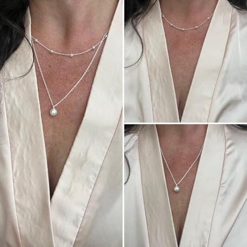 Silver Pearl Necklace Set, Dainty Pearl Choker Layered Prom Necklaces for Women White Pendant Necklace, Trendy Silver Jewelry for Women as Bride Gifts4