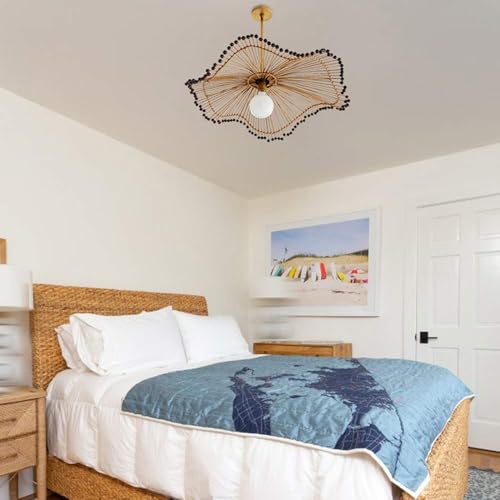 WISHVYQ 1-Light Black Rattan Pendant Light, Woven Chandelier with Beads Farmhouse Handmade Wicker Hanging Lamp Coastal Ceiling Light Fixture for Kitchen Island Living Room Bedroom - Image 3