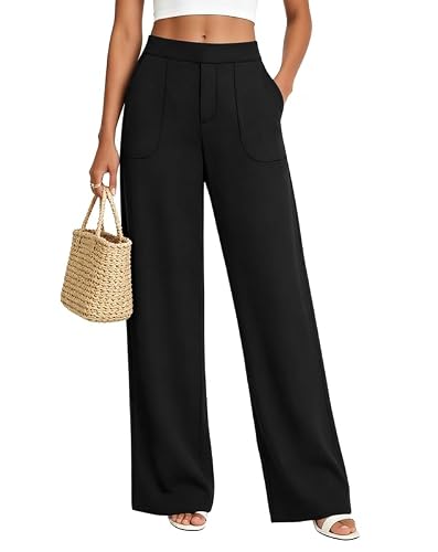 keriffe Women Summer Casual Pants Wide Leg Work Dress Pants with Pockets Business Slacks Black