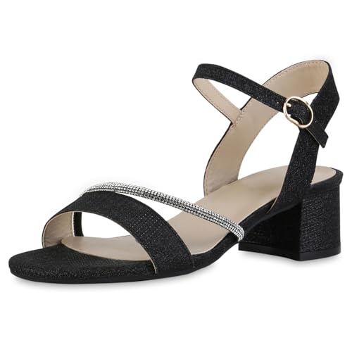 VAN HILL Damen Riemchensandaletten Blockabsatz Glitzer Party Schuhe 216811 Schwarz 37