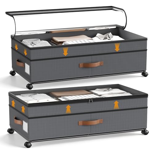 BugyKido 2 unidades de almacenamiento para debajo de la cama de 72 L, con ruedas de rotación de 360° y tapa de PVC, marco de metal, para ropa, zapatos, juguetes y mantas
