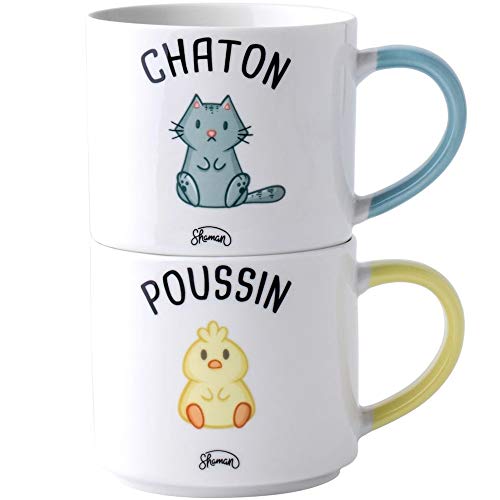 Le Fabuleux Shaman 40-2X-012 Mugs Duo Empilables Chaton Poussin Set de 2 Assortis Blanc Gris et Jaune Céramique D14 x H17,5 cm