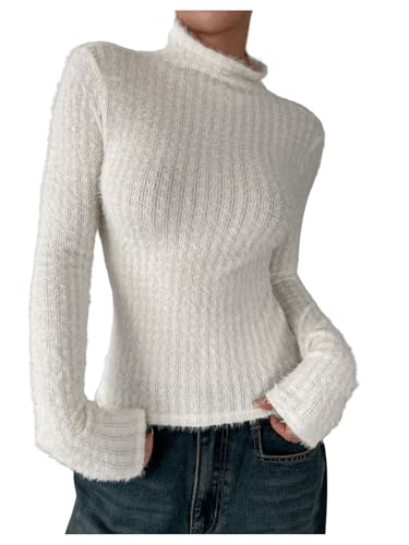 Image of OYOANGLE Women's High Neck Long Sleeve Fuzzy Sweater Ribbed Knit Slim Fit Pullover Tops