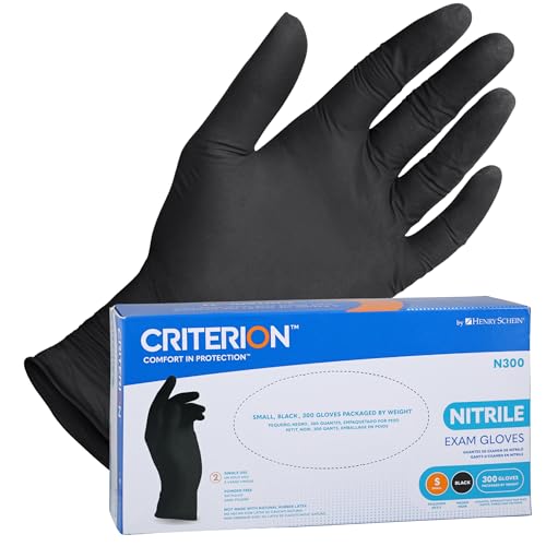 Henry Schein Criterion N300 Nitrile Exam Gloves, Small, Black – 300/Box, Latex-Free, Disposable, Textured Fingertips, Beaded Cuff, Non-Sterile, Ambidextrous