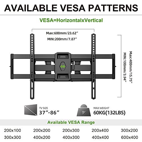 Usx Mount Full Motion Tv Wall Mount For 37-86 Inch Tvs Up To 132 Lbs, Wall Mount Tv Bracket With Dual Articulating Arms, Max Vesa 600X400Mm. Fits 8/12/16 Inch Wood Stud #TOP5