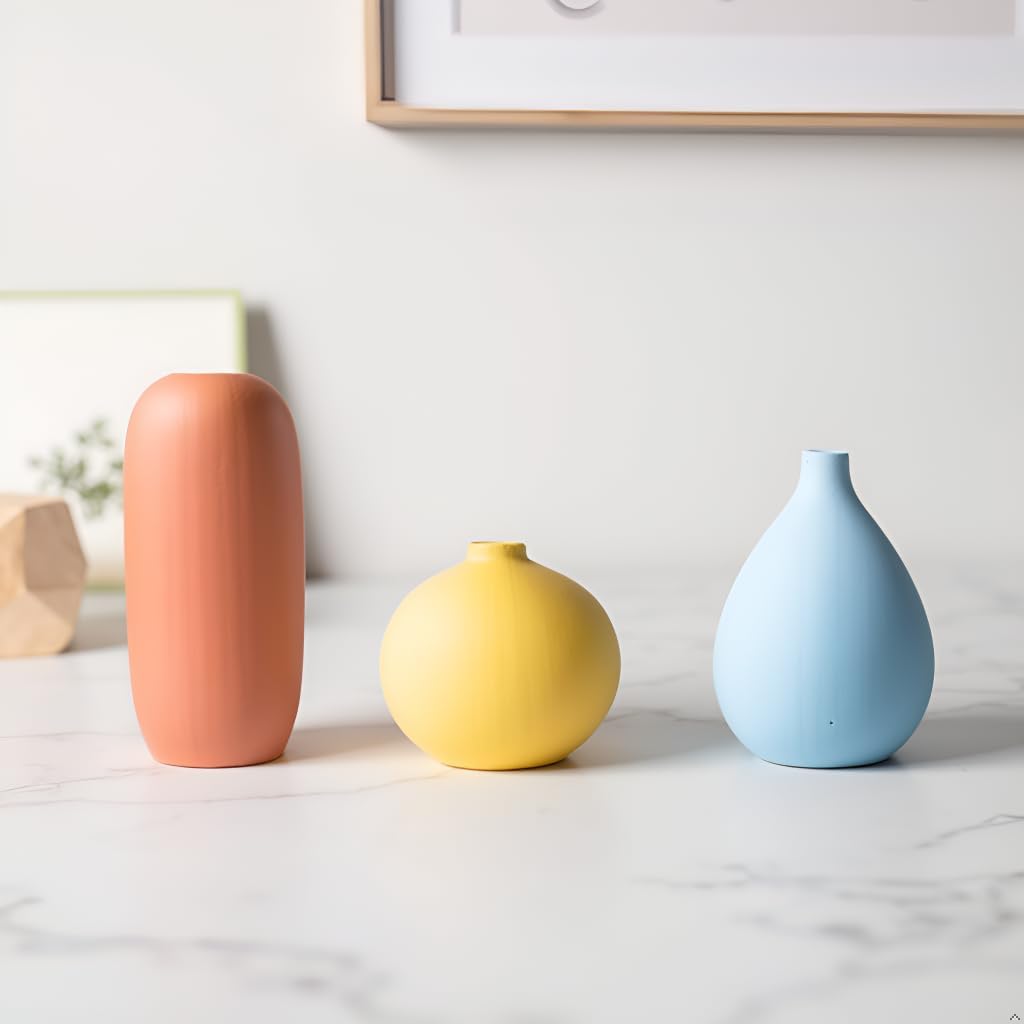 Small Multi Color Ceramic Vase Set 3 for Modern Home Table Decor, Living Room, Tabletop, Bedroom, Shelf, Office Bookshelf, Entryway, Coffee Table Mantel, Rustic Farmhouse Decorative Vases - Image 3