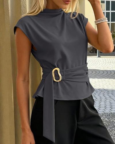 PRETTYGARDEN Women Blouses Spring Dressy Cap Sleeve Mock Neck Work Shirts Buckle Tunic Summer Business Casual Tops 2026(Dark Grey,Large) — view 6
