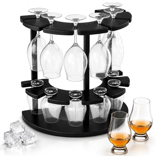 LLWAN Whisky Tasting Glass Rack, Double Tier Wooden Storage & Drying Holder, 12 Slots Semicircular Organizer for Stemmed Wine & Glencairn Bourbon Glasses, for Home Bar Party, Black