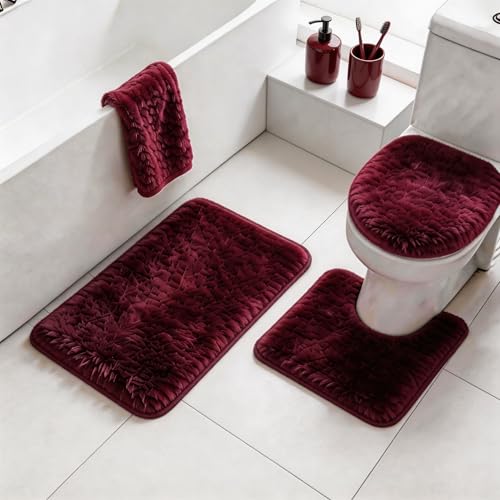 RUN HELIX Shaggy Bathroom Rugs Sets 3Piece Bath Mat for Bathrom Non-Slip Bathrom Mats Water Absorbent Bath Rug Floor Mats Soft Washable Shower Rug with U-Shaped Contour Rug Toilet Lid Cover Burgundy