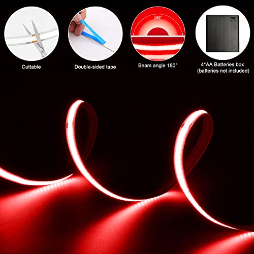 Smacen Battery Powered Cob Led Strip Lights, 4.92Ft Battery Operated Red Led Strip Lights, High Brightness Flexible Led Tape Lights For Room, Cabinet, Bedroom, Kitchen, Party, Home Diy Decoration #TOP1