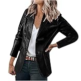 yiouyisheng Blazer Damen Einreiher Lederjacke mit Taschen Motorradjacke Mantel Frauen Lederblazer Vorne Offen Cardigan Leather Jacket Schwarz Marineblau Rot Braun Grün