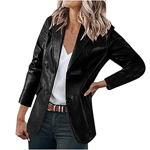 Damen Lederblazer Business Anzug Lederhemd Elegant Langarm Blazer Einfarbig...