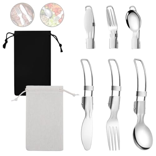 Dos Juegos De 3 Piezas De Cubiertos De Viaje, Cubiertos De Camping, Plegables, De Acero Inoxidable, Con Bolsa, Tenedor, Cuchara, Cuchillo, Cubiertos De Viaje Ultraligeros Y Portátiles