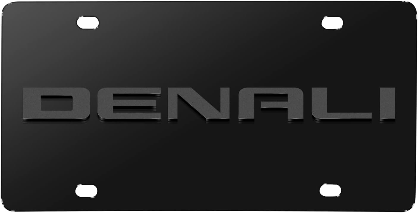 iPick Image for GMC Denali 3D Gunmetal Gray Name Logo on Black Stainless Steel License Plate - Official Licensed